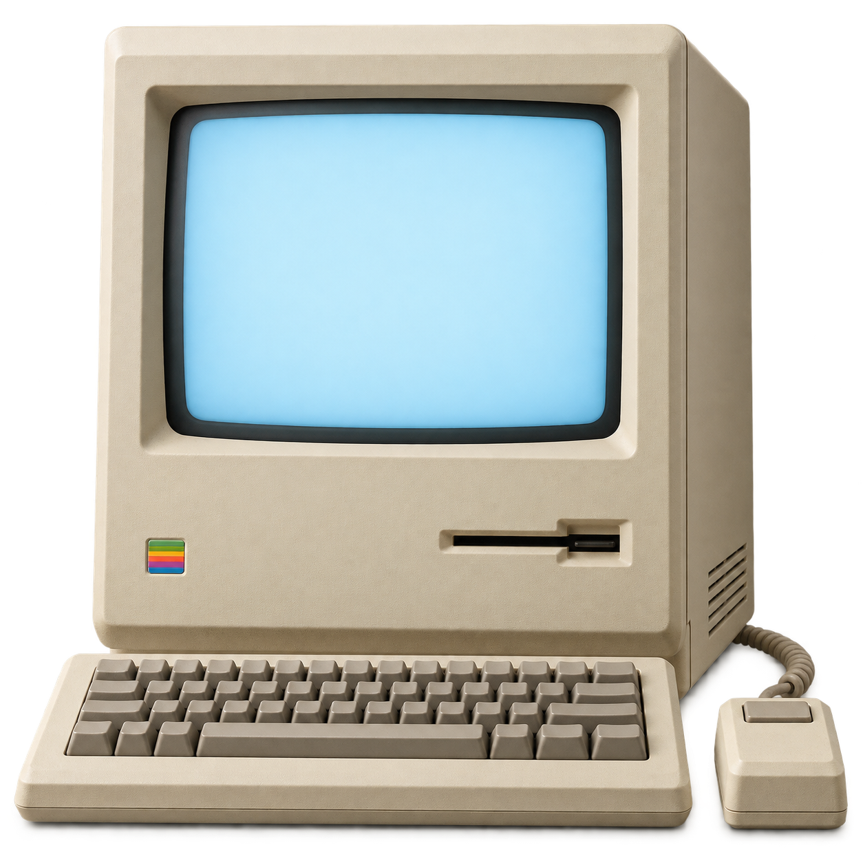 Beige Macintosh-style computer with a blue CRT, painted sunset keycaps and mouse